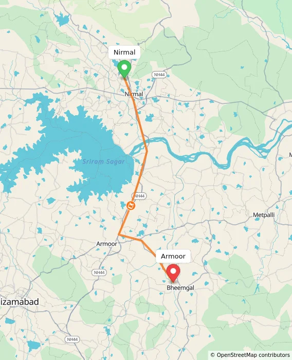 Route map showing distance and travel time from Nirmal, India to Armoor, India