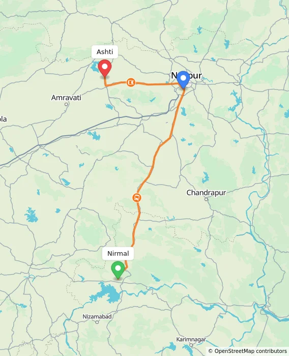 Route map showing distance and travel time from Nirmal, India to Ashti, India