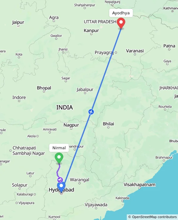 Route map showing distance and travel time from Nirmal, India to Ayodhya, India