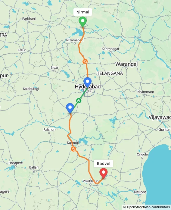 Route map showing distance and travel time from Nirmal, India to Badvel, India