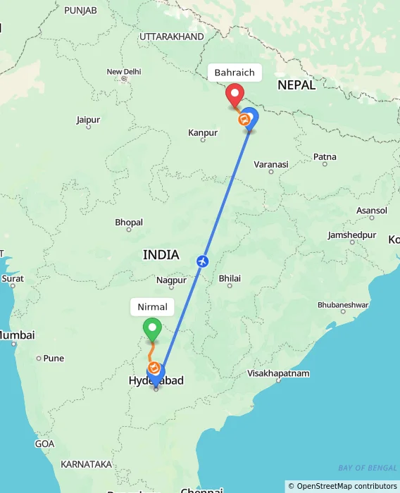 Route map showing distance and travel time from Nirmal, India to Bahraich, India