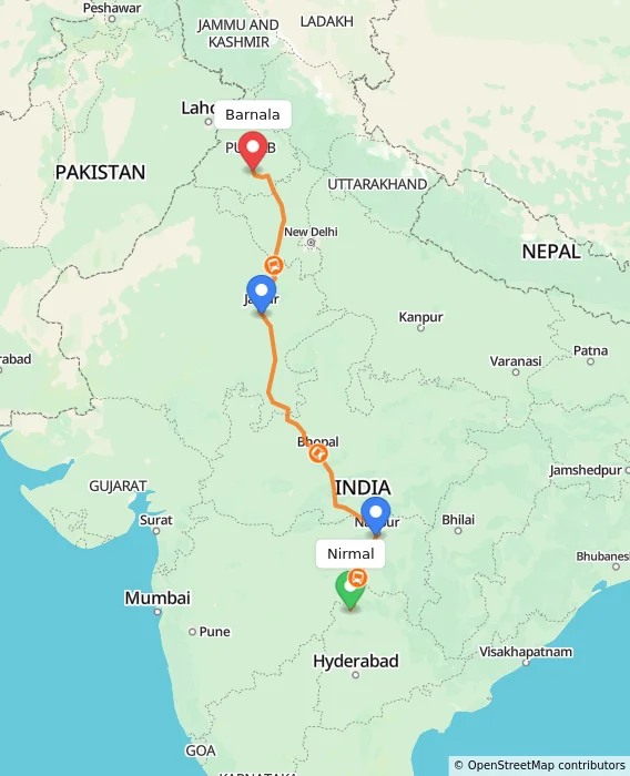 Route map showing distance and travel time from Nirmal, India to Barnala, India