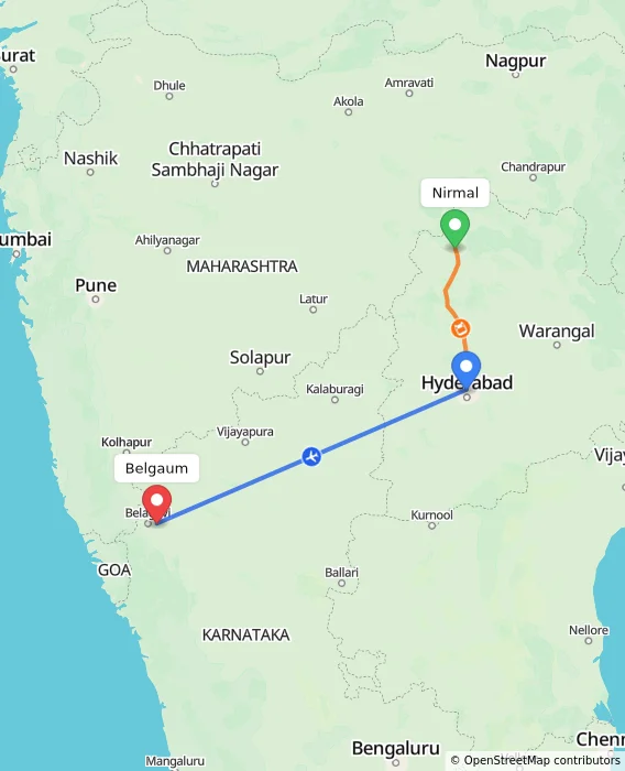 Route map showing distance and travel time from Nirmal, India to Belgaum, India