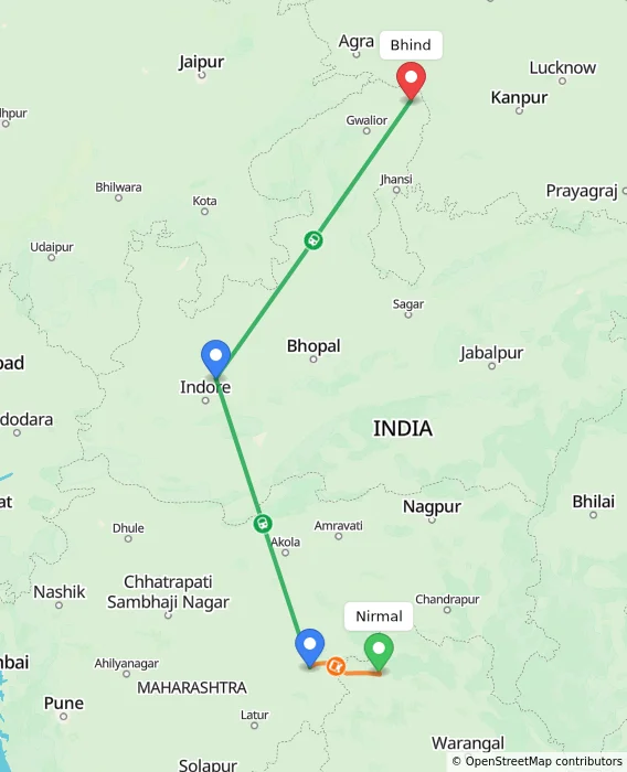 Route map showing distance and travel time from Nirmal, India to Bhind, India
