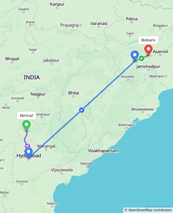 Route map showing distance and travel time from Nirmal, India to Bokaro, India