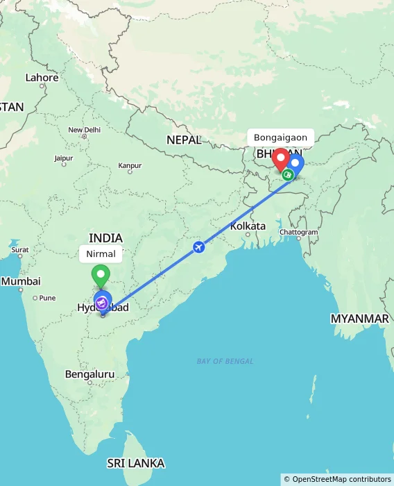 Route map showing distance and travel time from Nirmal, India to Bongaigaon, India