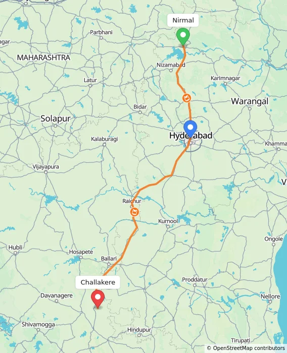 Route map showing distance and travel time from Nirmal, India to Challakere, India