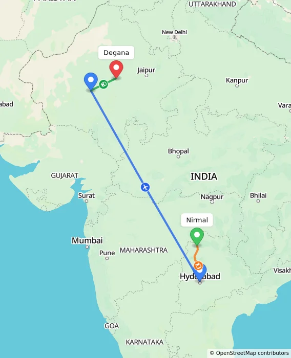 Route map showing distance and travel time from Nirmal, India to Degana, India