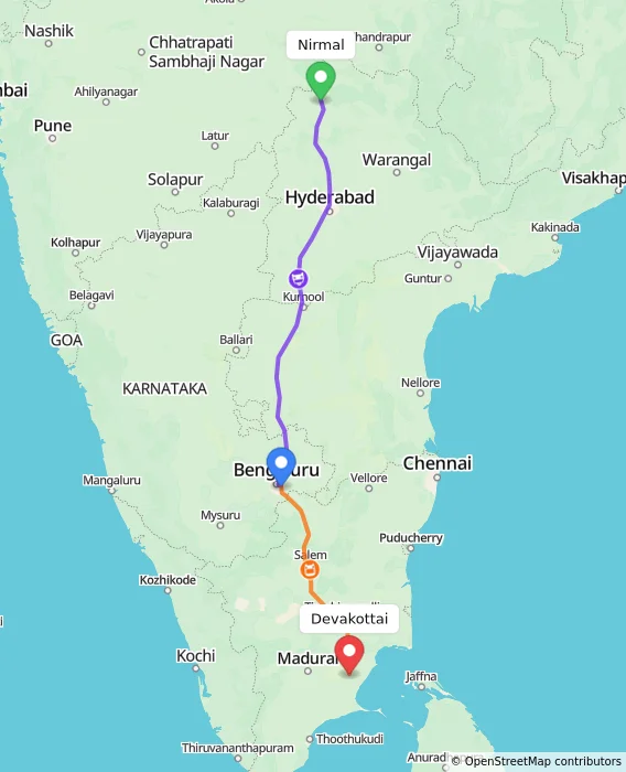 Route map showing distance and travel time from Nirmal, India to Devakottai, India