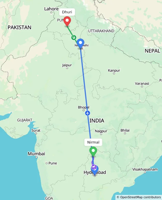 Route map showing distance and travel time from Nirmal, India to Dhuri, India