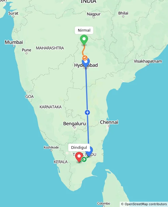 Route map showing distance and travel time from Nirmal, India to Dindigul, India