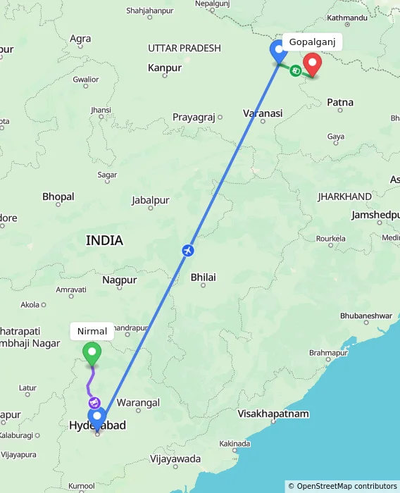 Route map showing distance and travel time from Nirmal, India to Gopalganj, India