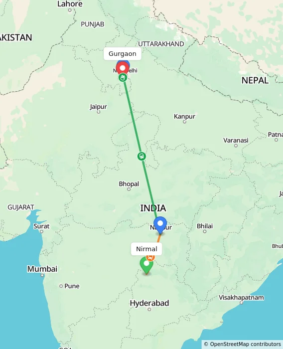 Route map showing distance and travel time from Nirmal, India to Gurgaon, India