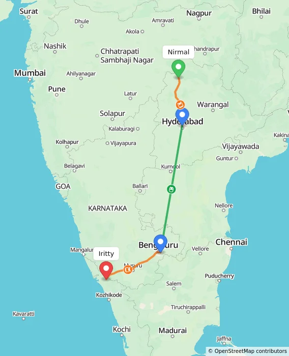 Route map showing distance and travel time from Nirmal, India to Iritty, India