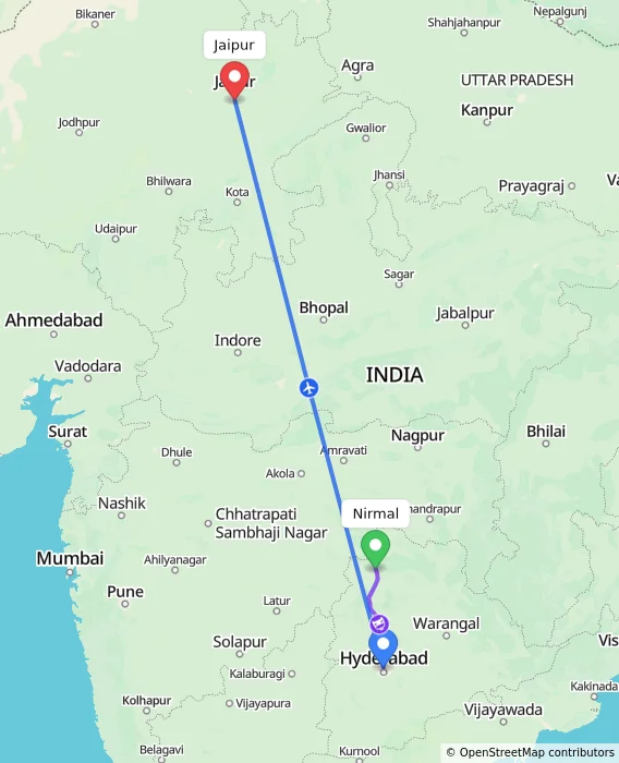 Route map showing distance and travel time from Nirmal, India to Jaipur, India