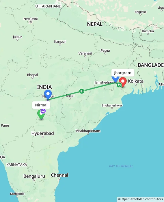 Route map showing distance and travel time from Nirmal, India to Jhargram, India