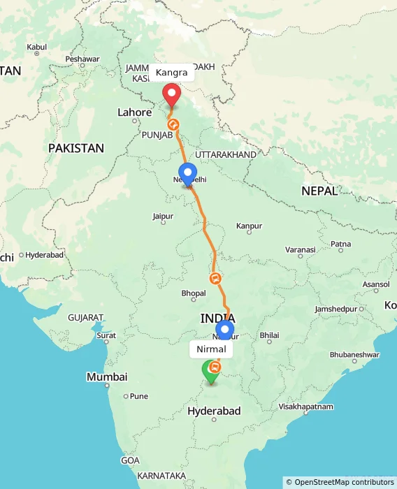 Route map showing distance and travel time from Nirmal, India to Kangra, India