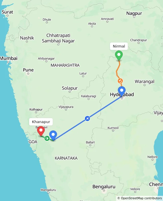 Route map showing distance and travel time from Nirmal, India to Khanapur, India
