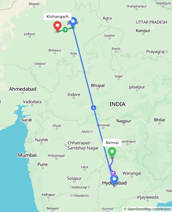 Route map showing distance and travel time from Nirmal, India to Kishangarh, India