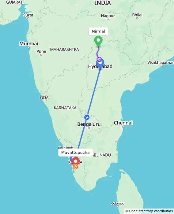 Route map showing distance and travel time from Nirmal, India to Muvattupuzha, India