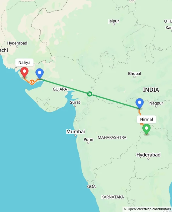 Route map showing distance and travel time from Nirmal, India to Naliya, India