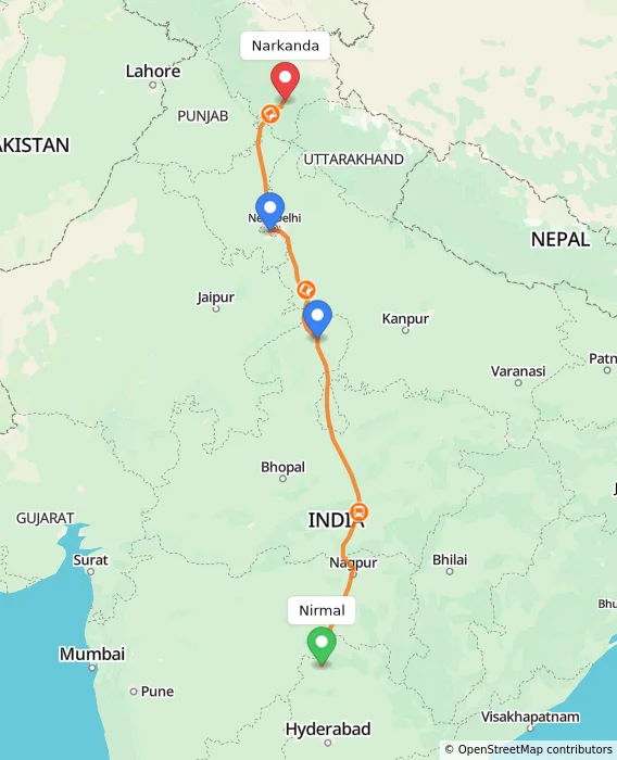 Route map showing distance and travel time from Nirmal, India to Narkanda, India