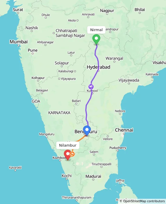 Route map showing distance and travel time from Nirmal, India to Nilambur, India