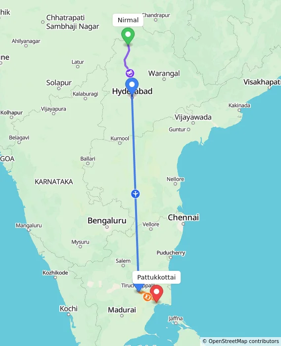 Route map showing distance and travel time from Nirmal, India to Pattukkottai, India