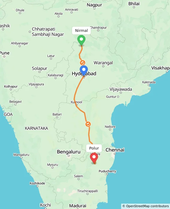 Route map showing distance and travel time from Nirmal, India to Polur, India