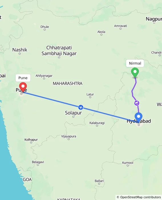 Route map showing distance and travel time from Nirmal, India to Pune, India