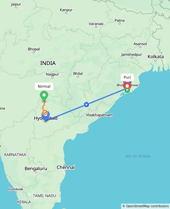 Route map showing distance and travel time from Nirmal, India to Puri, India