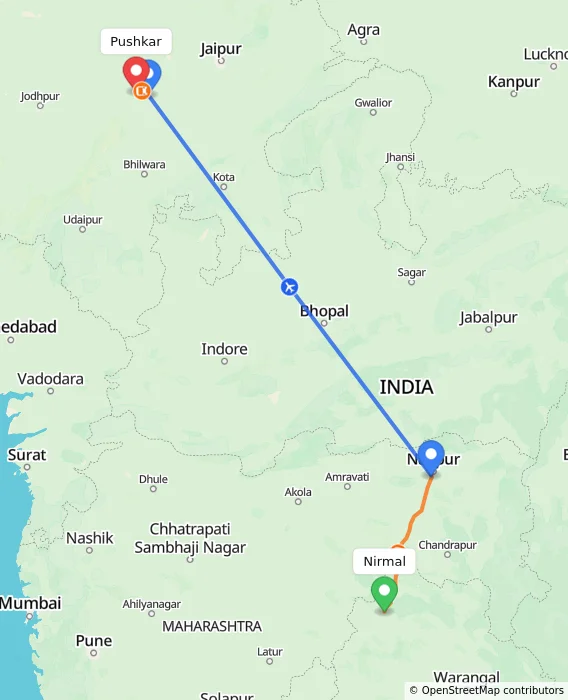 Route map showing distance and travel time from Nirmal, India to Pushkar, India