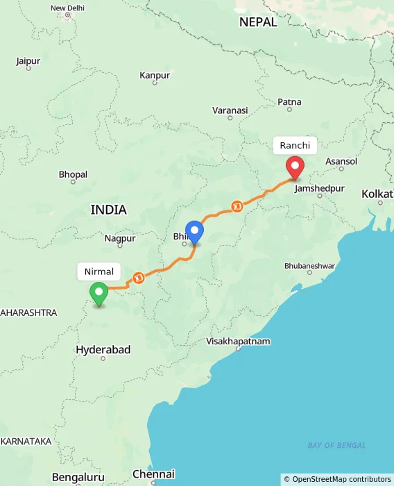 Route map showing distance and travel time from Nirmal, India to Ranchi, India