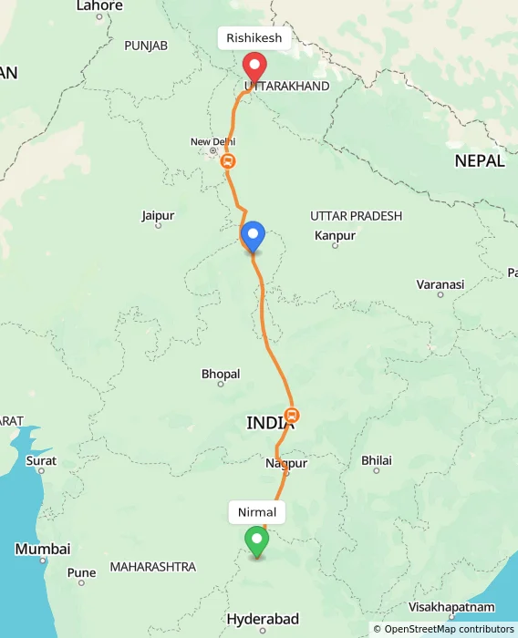 Route map showing distance and travel time from Nirmal, India to Rishikesh, India