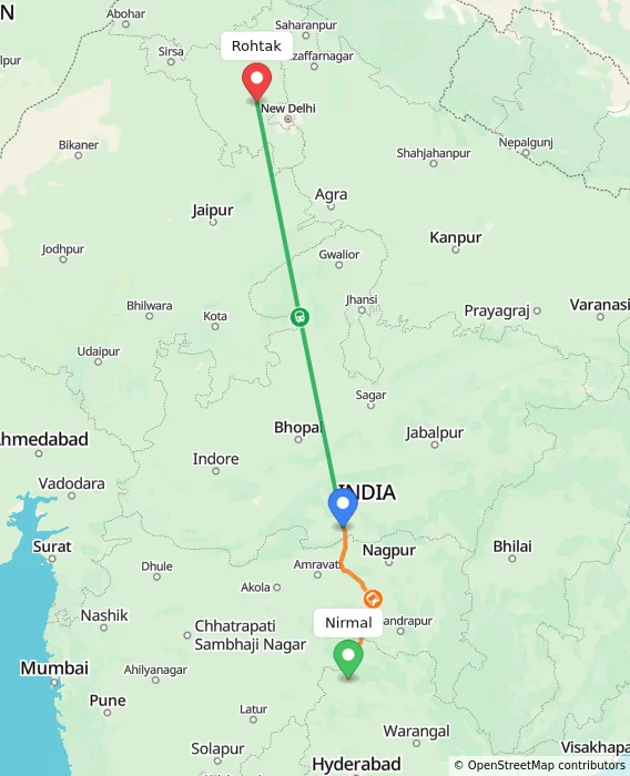 Route map showing distance and travel time from Nirmal, India to Rohtak, India