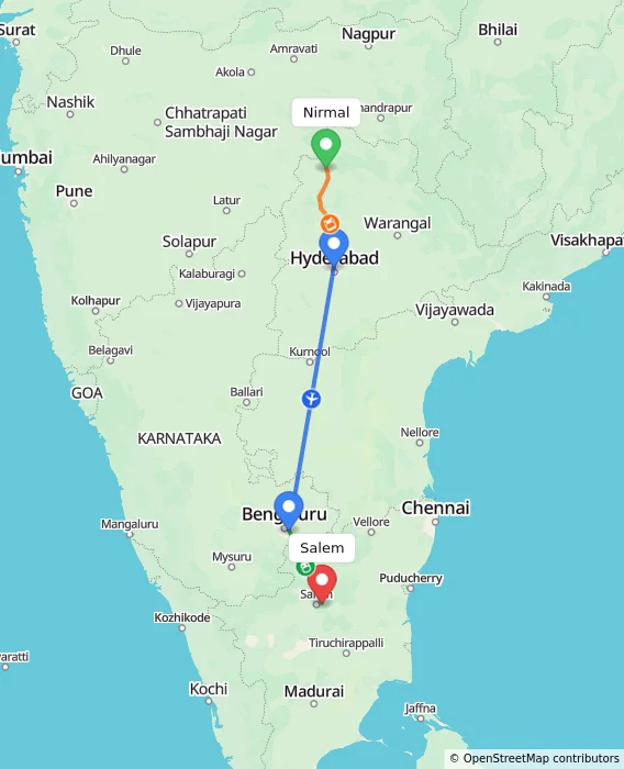Route map showing distance and travel time from Nirmal, India to Salem, India