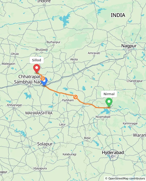 Route map showing distance and travel time from Nirmal, India to Sillod, India