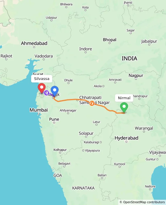 Route map showing distance and travel time from Nirmal, India to Silvassa, India