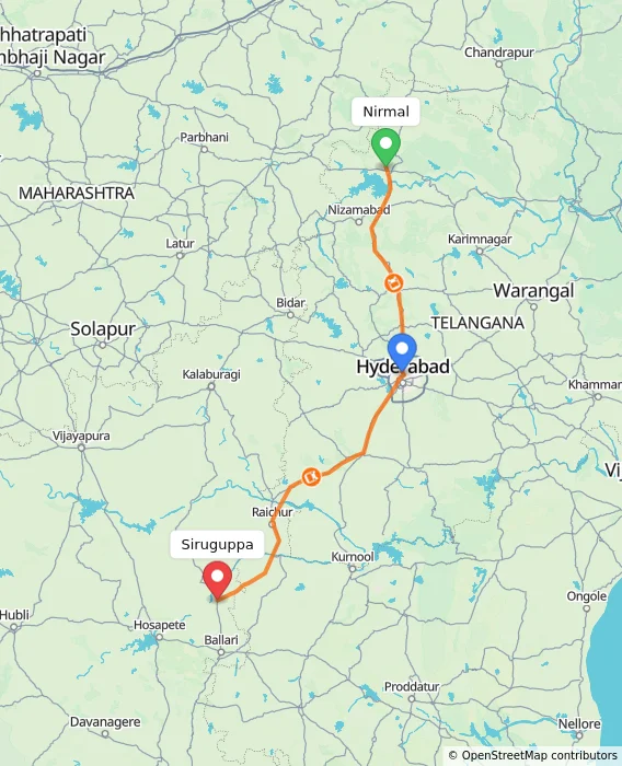 Route map showing distance and travel time from Nirmal, India to Siruguppa, India