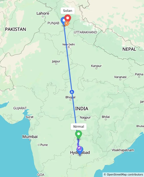 Route map showing distance and travel time from Nirmal, India to Solan, India