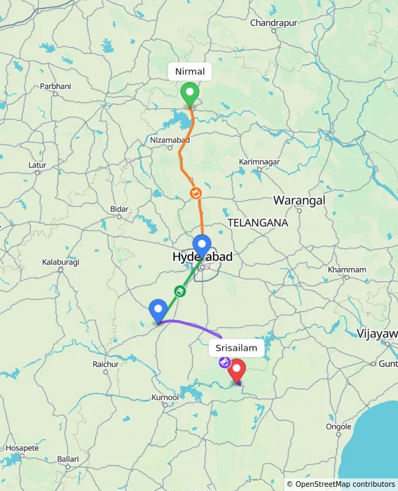 Route map showing distance and travel time from Nirmal, India to Srisailam, India