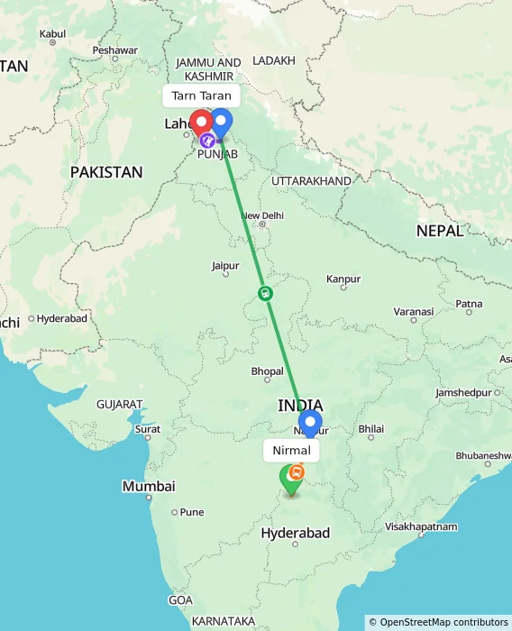 Route map showing distance and travel time from Nirmal, India to Tarn Taran, India
