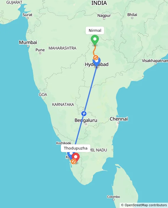Route map showing distance and travel time from Nirmal, India to Thodupuzha, India