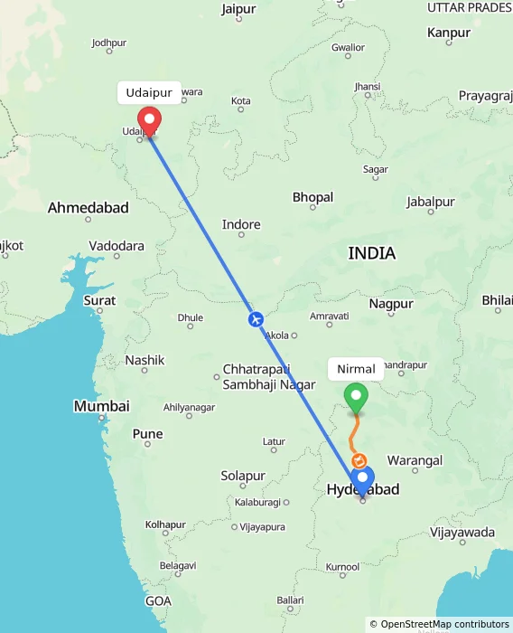 Route map showing distance and travel time from Nirmal, India to Udaipur, India