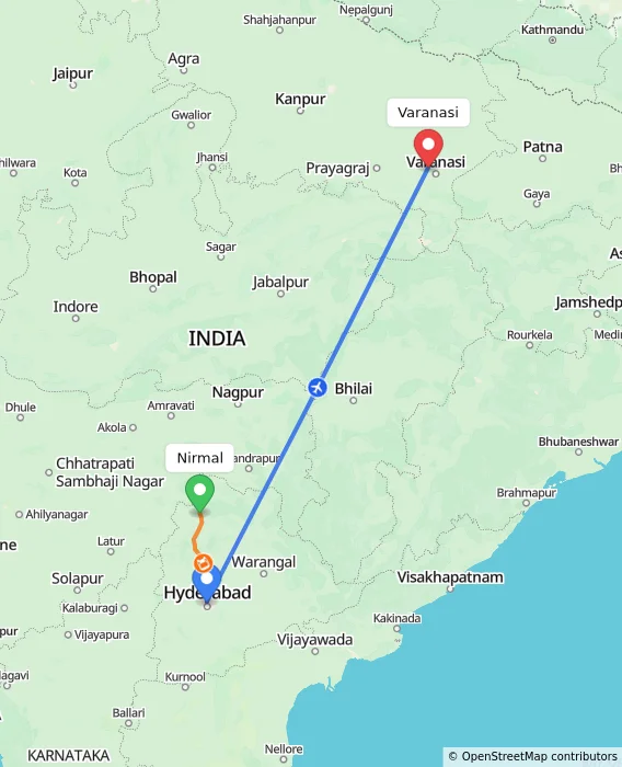 Route map showing distance and travel time from Nirmal, India to Varanasi, India