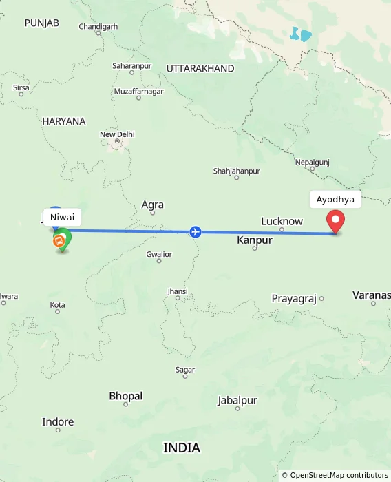 Route map showing distance and travel time from Niwai, India to Ayodhya, India