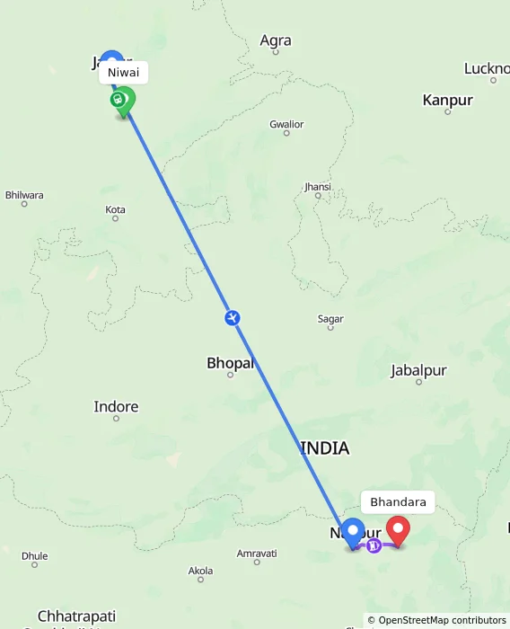 Route map showing distance and travel time from Niwai, India to Bhandara, India