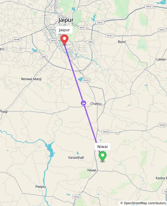 Route map showing distance and travel time from Niwai, India to Jaipur, India