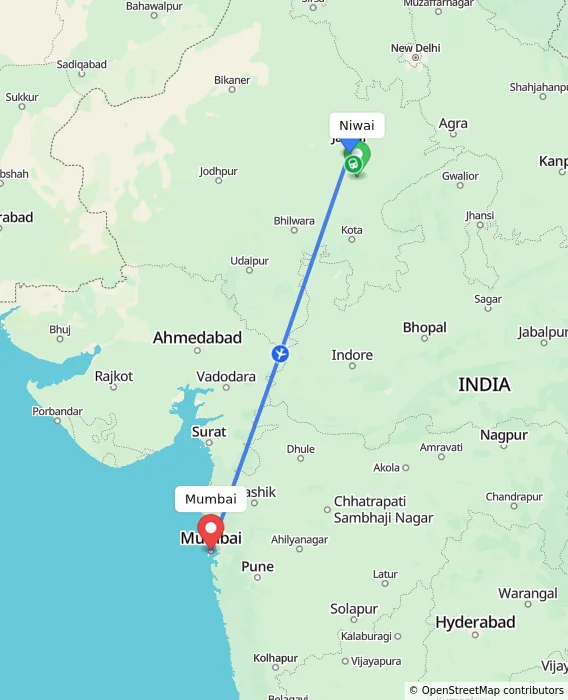 Route map showing distance and travel time from Niwai, India to Mumbai, India