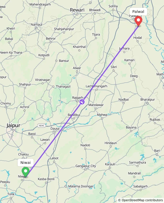 Route map showing distance and travel time from Niwai, India to Palwal, India